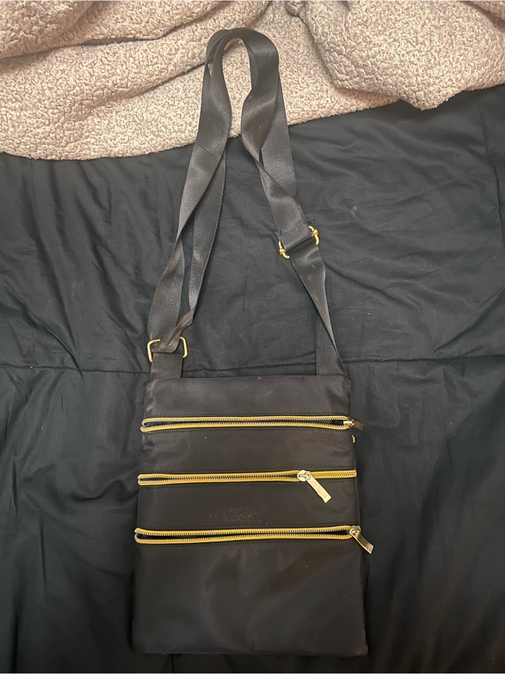 Black Crossbody Bag with Gold Zippers